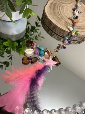 Boho Feather & Shell Necklace with Pink Starfish Charm